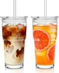 SoulTimes 20oz Glass Tumbler with Lid and Glass Straw –Set of 2, Clear Reusable Iced Coffee Cup, Drinking Glass for Coffee, Tea, Juice, Smoothies – Durable & Elegant Glassware