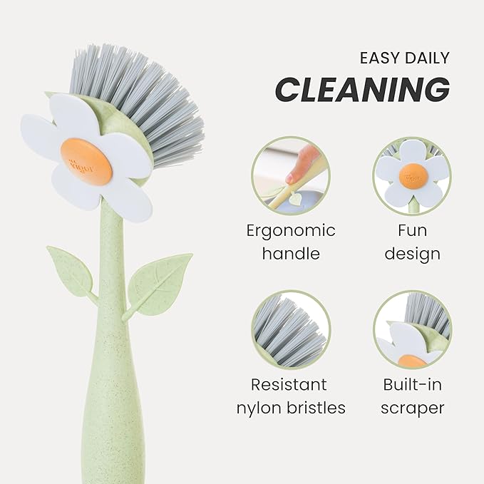 Vigar Florganic Daisy-Shaped Dish Brush, a Dish Brush with Handle, and a Dish Brush with Stand for Pot Scrubber, Kitchen Dishes, and Sink Cleaning