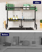 Kitsure Over The Sink Dish Drying Rack - 30.0" to 33.9" x 21.5", Adjustable Sink Drying Rack for Kitchen Sink with Multifunctional Baskets, Black