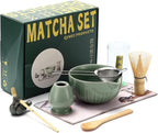Matcha Ceremony Accessory,temmoku glaze Matcha Whisk, Traditional Scoop (Chashaku), Tea Spoon, Whisk Holder, 1 tea bowl, 1 tea siev, The Perfect Set to Prepare a Traditional Cup of Matcha. (Green)