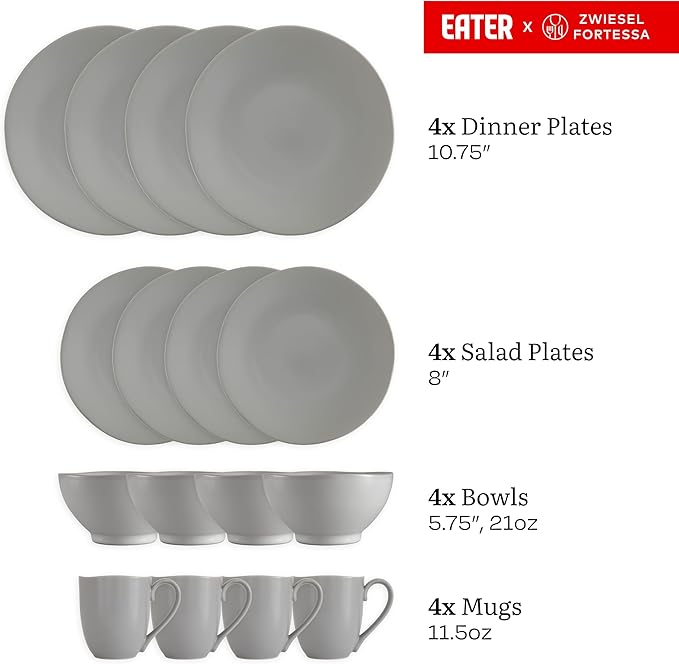 Eater x Zwiesel Fortessa Tempus Stoneware, 16 Piece Dinnerware Set (Service for 4), Smoke