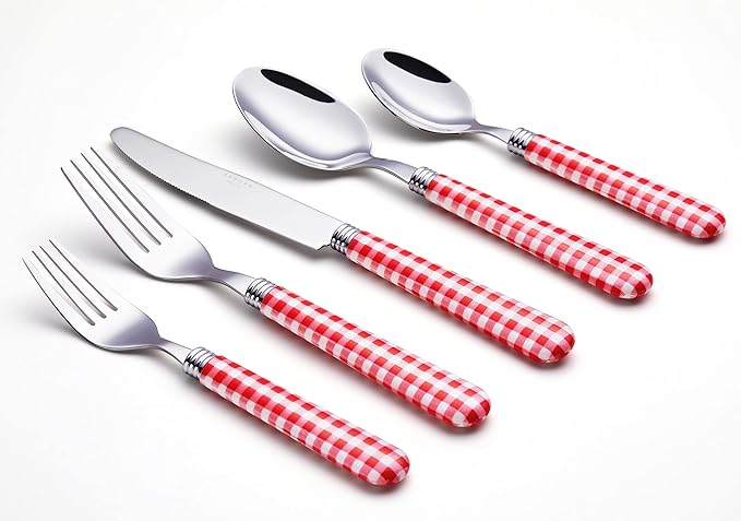 ANNOVA Stainless Steel Colorful Tableware Kitchen Flatware Set Utensils, Includes Dinner Knives, Forks, Spoons, Salad Forks & Dessert Spoons, Modern Rounded Shape (Red Checkered, 20 Pieces)