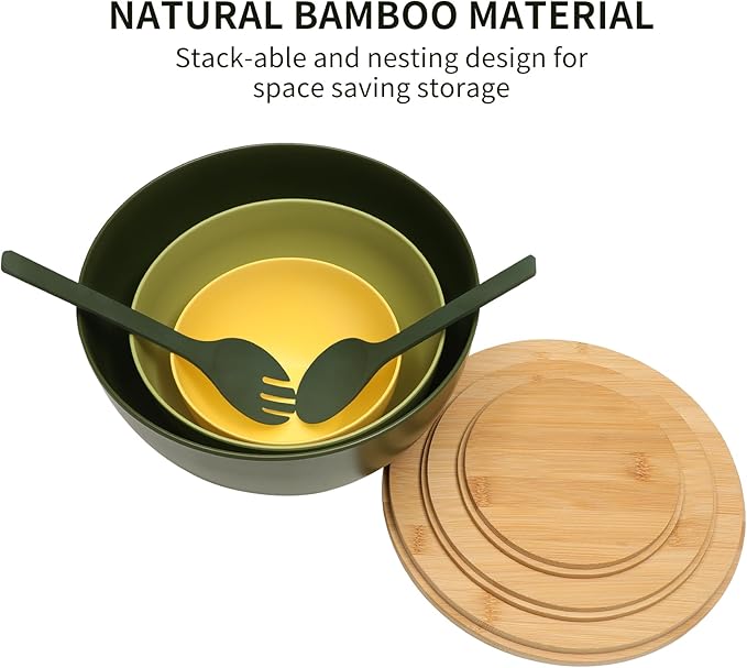 ECOWAY Salad Bowls Set of 3 with Lid & Serving Utensils, Colorful Serving Bowls, Bamboo Fiber Salad Bowls with Bamboo Lid, Kitchen Bowls for Salad, Kitchen Eating, Pasta, Popcorn, Fruit (3 Colors)