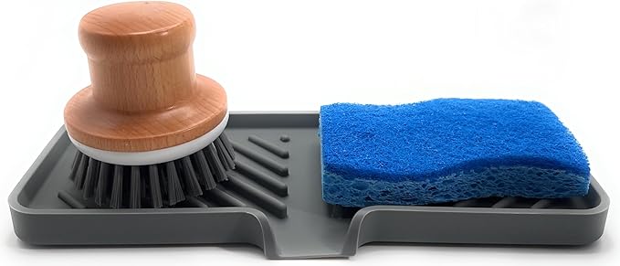 Happitasa Silicone Soap Dish Tray and Sponge Holder with Drain Chute and Feet | 3-Way Sloped Design | Bathroom and Kitchen Sink Organizer Caddy (Grey, 10"x4", 7.8 Ounces)