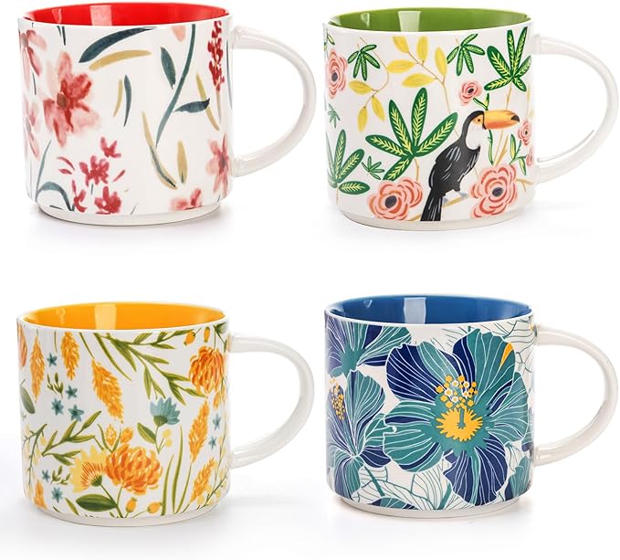 Frcctre Set of 4 Ceramic Coffee Mug Set, Large 15 Ounce Ceramic Tea Cup with Handle, Vintage Hand Painted Floral Porcelain Mug Colorful Restaurant Mug for Coffee, Tea, Milk, Hot Cocoa