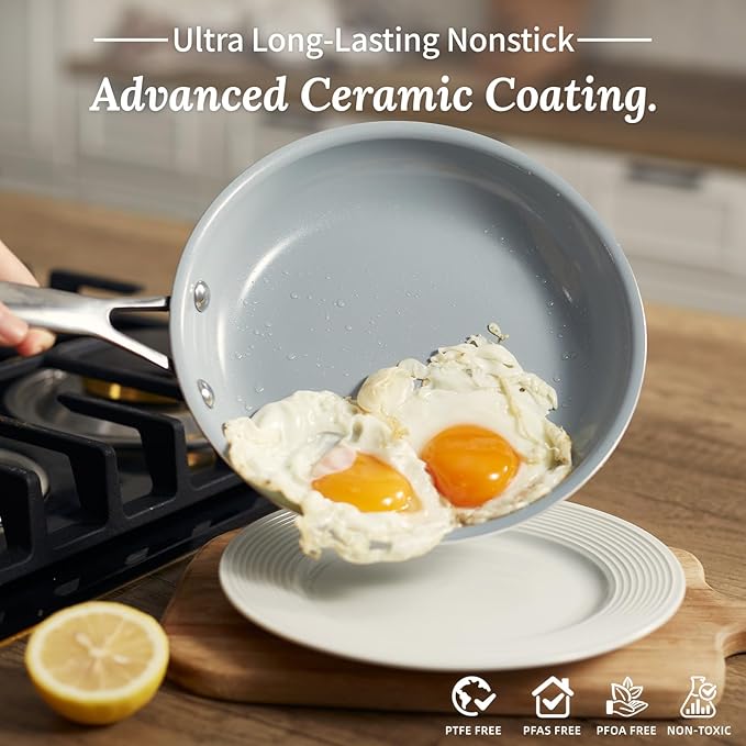 Nonstick Ceramic Frying Pans 8" 9.5" 11" Ceramic Skillets Set with Stainless Steel Handle Omelet Pans Healthy Cooking Chef Pans, PFOA Free, Cream White