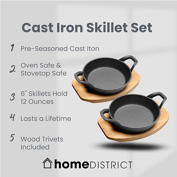 HOME DISTRICT Cast Iron Ramekin Set Oven Safe Mini Skillets Bakeware Bowls Casserole Pots, 6.5" x 1 1/2", 12 oz - 2 PC Set