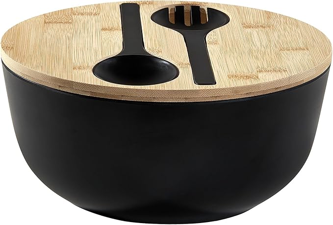 ECOWAY Bamboo Fiber Salad Bowl with Lid & Servers, 4Qt, Melamine Salad Serving Bowls Set with Bamboo Lid, Salad Mixing Bowl with Spoon Fork for Fruits Vegetables and Pasta (Black, 9.8inch)