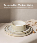 GBHOME 12-Piece Stoneware Dinnerware Set for 4 – Ribbed Ceramic Plates and Bowls, Scratch-Resistant, Microwave & Dishwasher Safe, Reactive Glaze, Oatmeal Veil