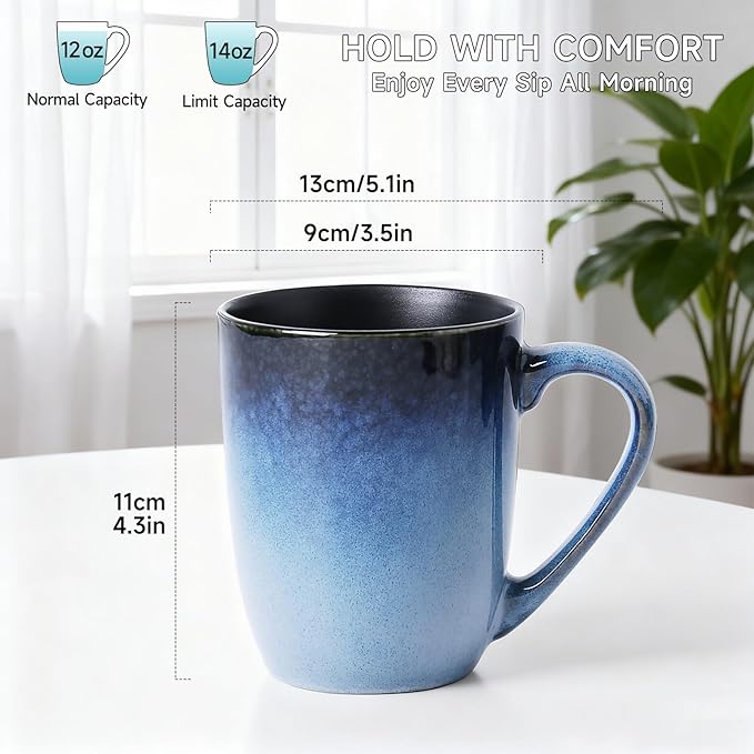 MONITO 14 OZ Coffee Mugs Set of 4, Large Ceramic Blue Coffee Mugs Set with handle for Tea/Latte/Milk/Cocoa, Funny Tea Cups for Office and Home, Engagement Gifts. (Ice-snow Blue)