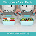 Caperci Large Salad Container Bowl for Lunch - Better Adult Bento Lunch Box 68 oz, 5-Compartment Tray, 2pcs 3-oz Sauce Cups, Stackable, BPA-Free (Aqua Sky)