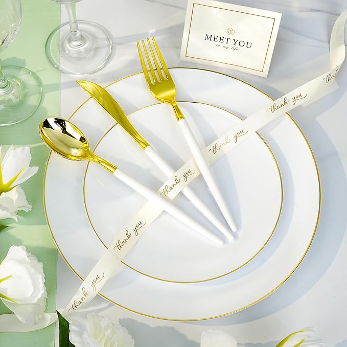 175 Pieces White Gold Plastic Dinnerware Set, Gold Disposable Plates for Party, Include 50 White Plates with 75 Plastic Cutlery, 25 Napkins and 25 Cups