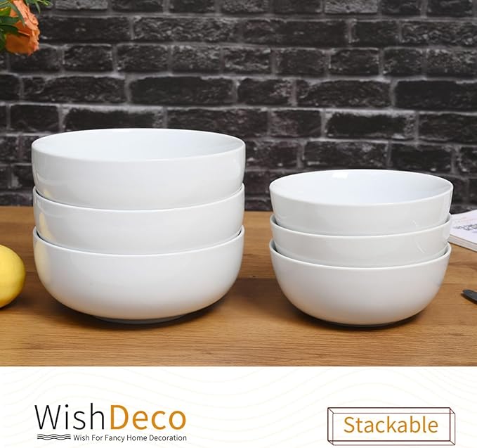 WishDeco Large Soup Bowls Set of 3, Ceramic Salad Bowls 37 oz, White Pasta Bowls 7 inch, Serving Bowl for Cereal, Noodle Ramen, Pho, Fruit
