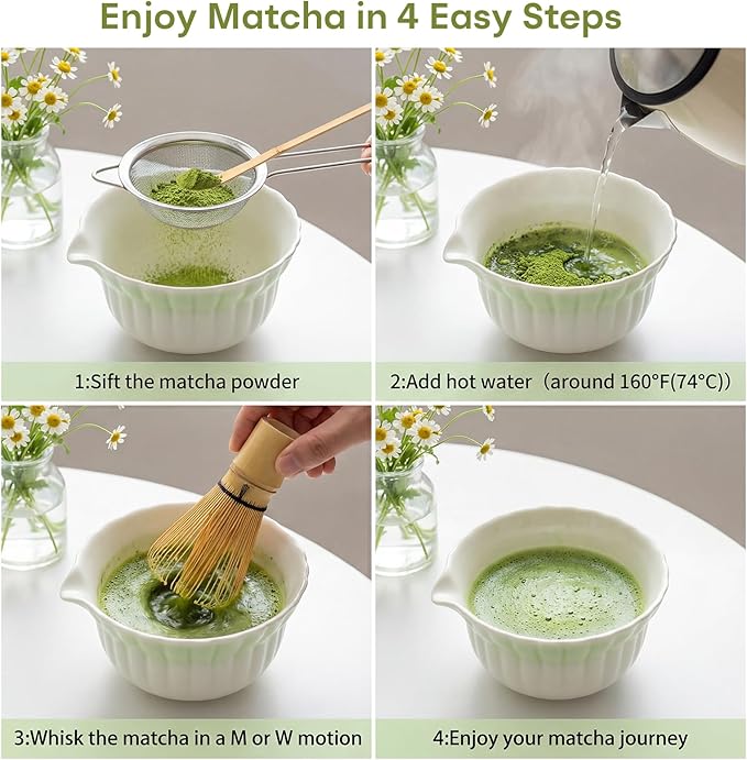 Matcha Whisk Set | Japanese Matcha Kit with Daisy Ceramic Bowl, Mushroom Whisk Holder, Sifter, Bamboo Chasen Whisk & Scoop | Mothers Day, Fathers Day, Housewarming Gift, Green
