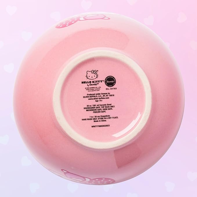 Silver Buffalo Sanrio Hello Kitty Strawberry Milk Japanese Character Ceramic Ramen Noodle Rice Bowl with Chopsticks, Microwave Safe, Pink, 20 Ounces