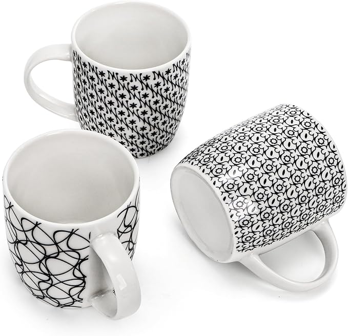 Okllen 6 Pack 11.5 Oz Coffee Mugs Geometric Textured, Ceramic Coffee Mugs Stylish Tea Cup Mugs Set Gift for Latte, Cappuccino, Milk, Water, Cocoa, Cereal, Black and White