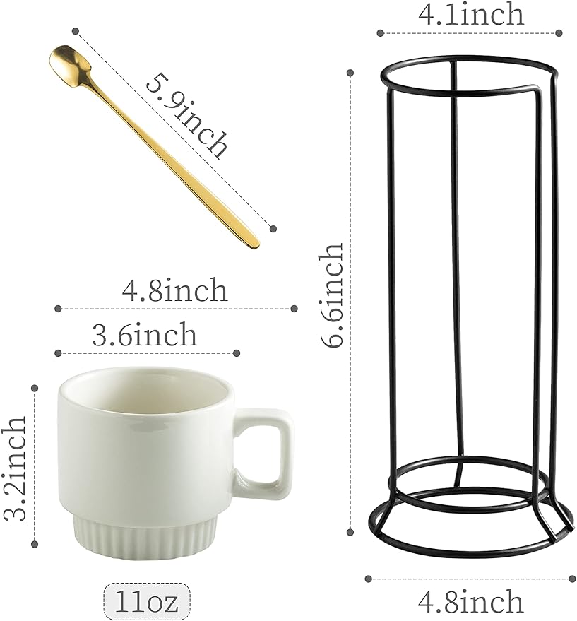 Miamolo Coffee Mugs Set of 4, Stackable Coffee Cups with Holder Spoons 11oz Ceramic Espresso Cup for Cappuccino Latte Tea Drinks, Dishwasher & Microwave Safe, White
