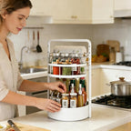 Rotating Spice Rack with Paper Towel Holder, 2 Tier Turntable Lazy Susan, Seasoning Organizer for Kitchen Countertop Cabinet, White