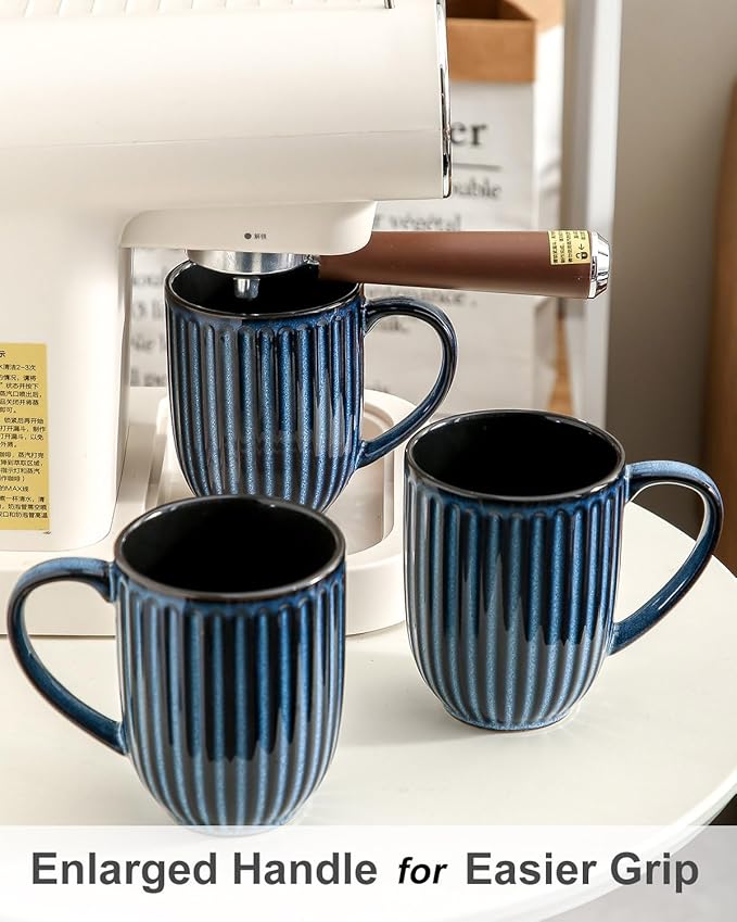 HASENSE 16 oz Ceramic Coffee Mugs Set of 4, Ribbed Navy Blue Coffee & Tea Cups, Dishwasher & Microwave Safe, Ideal for Housewarming & Wedding Gifts