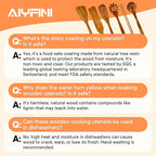 Non-Toxic Wooden Kitchen Utensils Set, 15.4" Long Handle Wood Spatula for Cooking, Egg Flipper Fish Turner Spatula for Non Stick Frying Pan, with Chopsticks, Soup Ladle, Pasta Spoon, Holder, Rest