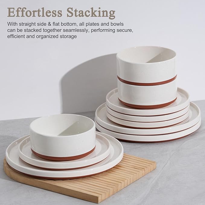 LIANYU Stoneware Dinnerware Sets Service for 6, 18 PCS Plates and Bowls Sets, Handmade Ceramic Dish Set, Highly Chip and Crack Resistant Modern Plate Set, Cloud White