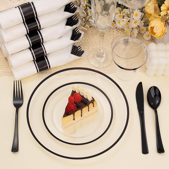 BESTSTAR 350PCS Clear and Black Disposable Plates Set for 50 Guests, 100 Plastic Plates, 50 Plastic Cups, 50 Pre-Rolled Napkins with Cutlery for Graduation Party, Thanksgiving, Birthday, Halloween