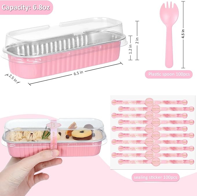 Mini Loaf Pans with Lids and Spoons (100 Pack, Pink, 6.8oz) Rectangular Aluminum Foil Baking Pans