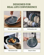 Famiware Dinnerware Sets for 8, Ocean Round 24-Piece Kitchen Plates and Bowls Sets, Microwave and Dishwasher Safe, Scratch Resistant, Deep Forest