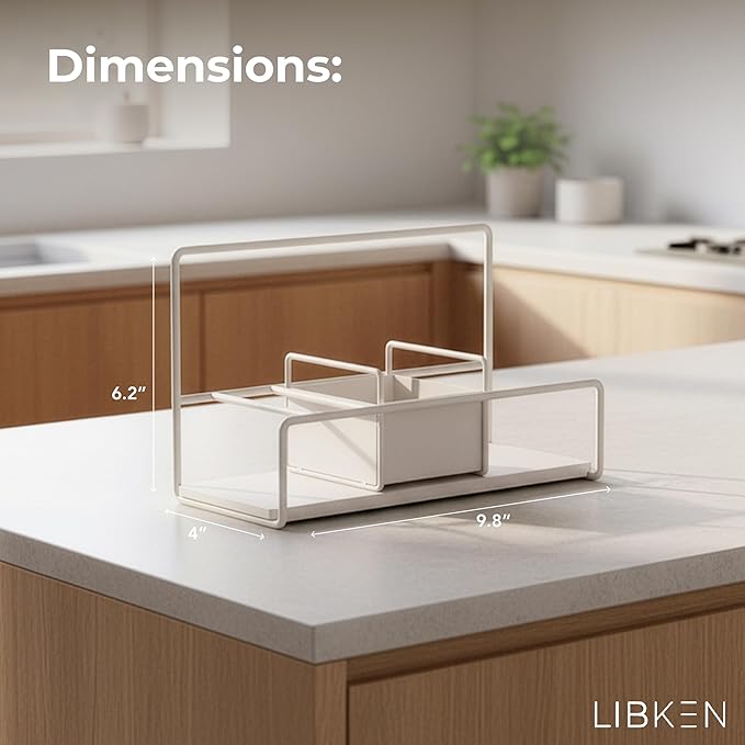 LIBKEN Kitchen Sponge Holder with Drying Stone – Warm Grey Powder Coated Metal Sink Caddy – Minimal Scandinavian Design Sponge Rack for Kitchen Sink Organization & Elegant Countertop Storage