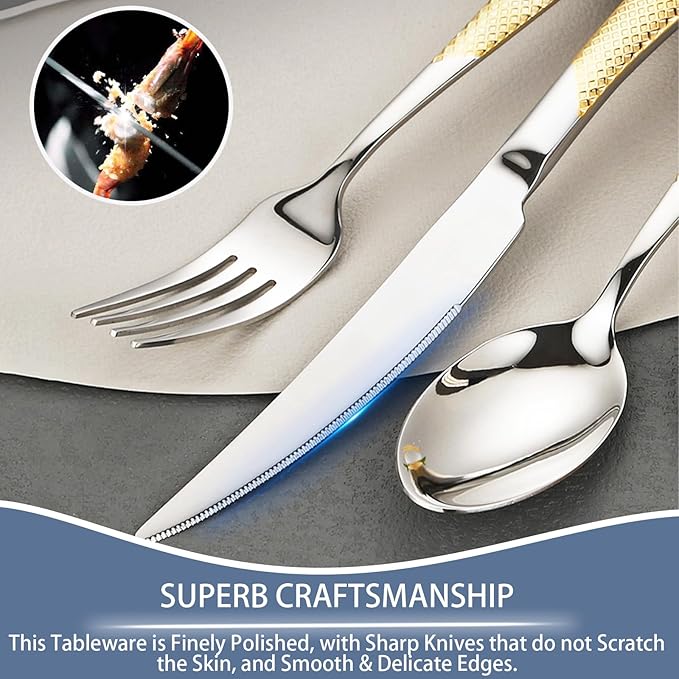 Gold Silverware Set, Caliamary 24 Pieces Flatware Set with Silverware Holder, Stainless Steel Knives and Forks and Spoons Cutlery Set Service for 6, Kitchen Utensil Tableware Set with Antiskid Handle