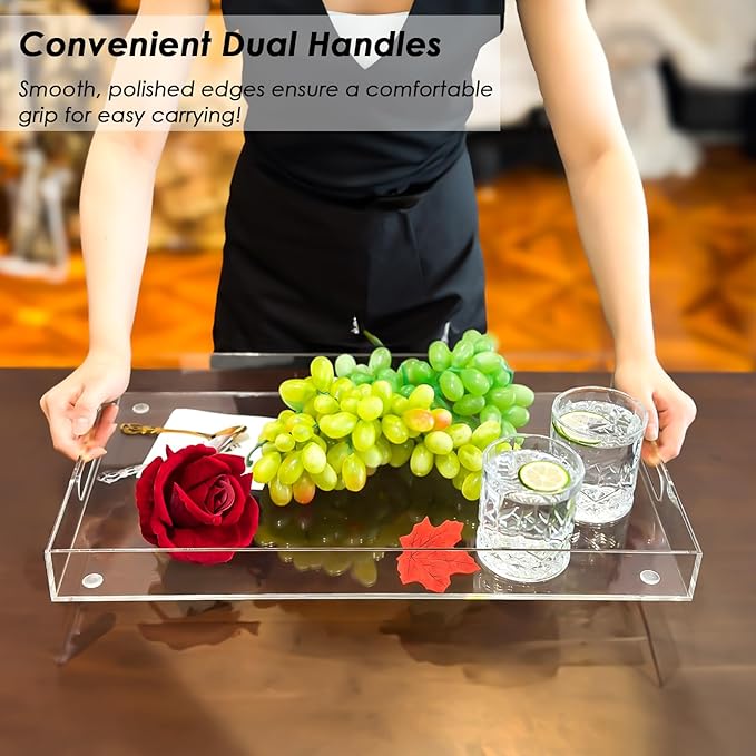 Acrylic Serving Tray with Handles, Extra Large Rectangular Tray for Serving Food, Drinks, Snacks and Appetizer, Outdoor Lucite & Coffee Table Trays, Acrylic Makeup Organizer 12" × 20"
