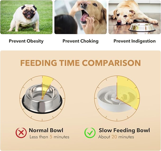 Havniva Ceramic 3.2 Cup Raised Slow Feeder Dog Bowl Set, Elevated 8.2inch Bowl and 9.5inch Dish with Acacia Wood Stand for Large Dog, Stop Bloat(2 x Reactived Glaze -White+ Stand)
