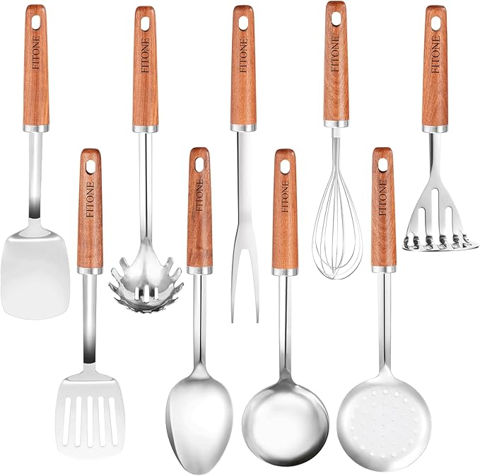 9PCS 18/8 Stainless Steel Kitchen Utensils, Stainless Steel Cooking Utensils with Wooden Handle, Metal Cooking Utensils Set, Spatula, Ladle, Skimmer, Spaghetti Spoon, Potato Masher, Easy To Clean