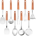 9PCS 18/8 Stainless Steel Kitchen Utensils, Stainless Steel Cooking Utensils with Wooden Handle, Metal Cooking Utensils Set, Spatula, Ladle, Skimmer, Spaghetti Spoon, Potato Masher, Easy To Clean