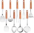 9PCS 18/8 Stainless Steel Kitchen Utensils, Stainless Steel Cooking Utensils with Wooden Handle, Metal Cooking Utensils Set, Spatula, Ladle, Skimmer, Spaghetti Spoon, Potato Masher, Easy To Clean