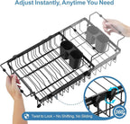 iSPECLE Expandable Dish Drying Rack with Silicone Mat for Large Kitchen Sink or On Counter, Rust Resistant Adjustable Over The Sink Dish Drainer with Tightening Knob, 12.8" W x 15.8"-20.7" L, Black