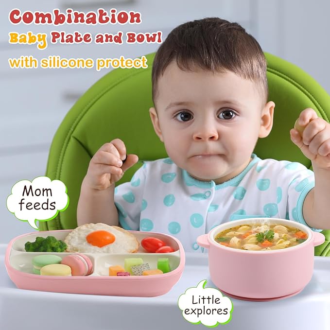 Domensi 4 Pcs Square Porcelain Kid Plate and Bowl Set with Suction, 2 Ceramic Toddler Divided Plate 2 Baby Anti Slip Silicone Sleeve Bowl for Feeding Supplies Microwave Dishwasher Safe (Pink, Beige)