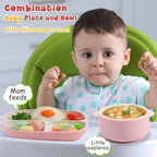 Domensi 4 Pcs Square Porcelain Kid Plate and Bowl Set with Suction, 2 Ceramic Toddler Divided Plate 2 Baby Anti Slip Silicone Sleeve Bowl for Feeding Supplies Microwave Dishwasher Safe (Pink, Beige)