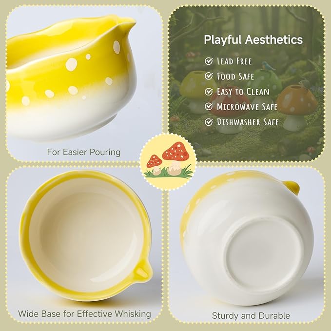 Matcha Whisk Making Kit Set With Mushroom Design Ceramic Bowl And Bamboo Set For Japanese Matcha Tea Ceremony, Yellow