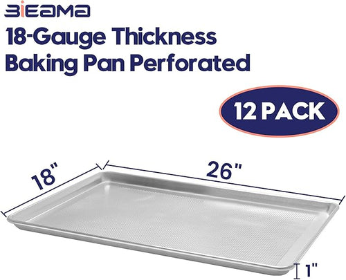 12 Pack Full Size 26" x 18" Aluminum Baking Sheet Pan Perforated, Commercial Bakery Equipment Cookie Sheets, NSF Approved Baking Tray