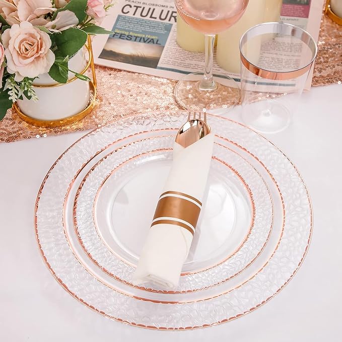 Liacere 350PCS Rose Gold Plastic Plates-Clear Rose Disposable Plates 50 Guests include 50 Dinner Plates,50 Salad Plates,50 Forks,50 Knives,50 Spoons,50 Cups,50 Napkins for Wedding & Mothers Day