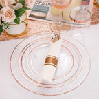 Liacere 350PCS Rose Gold Plastic Plates-Clear Rose Disposable Plates 50 Guests include 50 Dinner Plates,50 Salad Plates,50 Forks,50 Knives,50 Spoons,50 Cups,50 Napkins for Wedding & Mothers Day