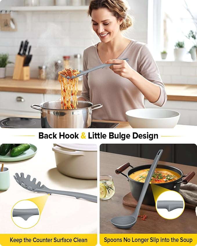 Silicone Cooking Utensils Set, 9 Pcs Heat Resistant Kitchen Utensils with Back Hooks, BPA Free Kitchen Tools with Spatulas, Spoons, Skimmer and Pasta Fork for Non Stick Cookware (GRAY)