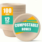 JINVOGREEN 12 oz Paper Bowls, 100 Count Disposable Compostable Bowls, Heavy Duty Biodegradable Bagasse Bowl for Snacks, Soup, and Salads, Natural