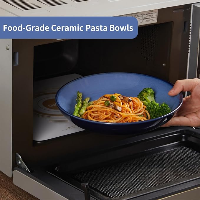 Pokini Ceramic Pasta Bowl Set of 4, 32 Oz Large Salad Bowls for Serving, Microwave & Dishwasher Safe Soup Bowls for Kitchen, Light Blue Stoneware Bowl Set