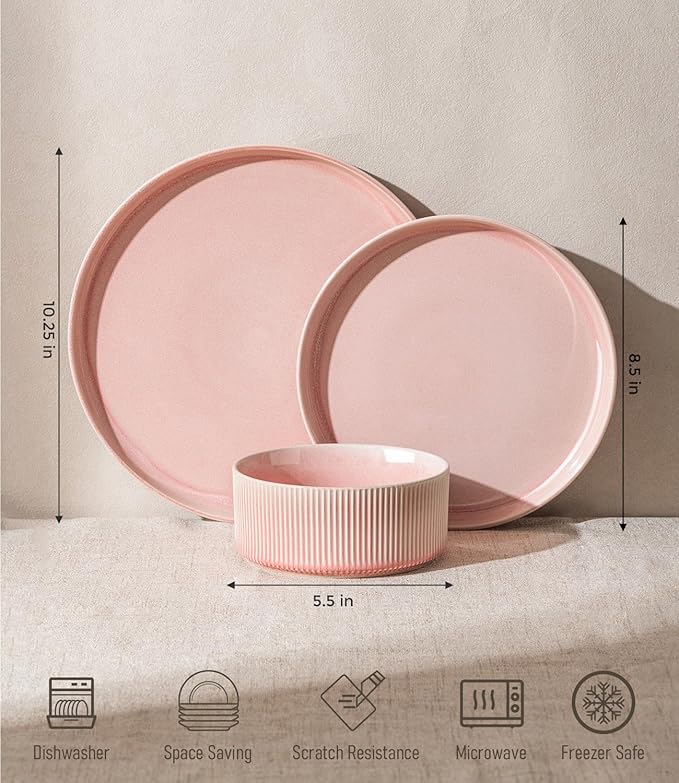 GBHOME 12-Piece Stoneware Dinnerware Set for 4 – Ribbed Ceramic Plates and Bowls, Scratch-Resistant, Microwave & Dishwasher Safe, Reactive Glaze, Blush Veil