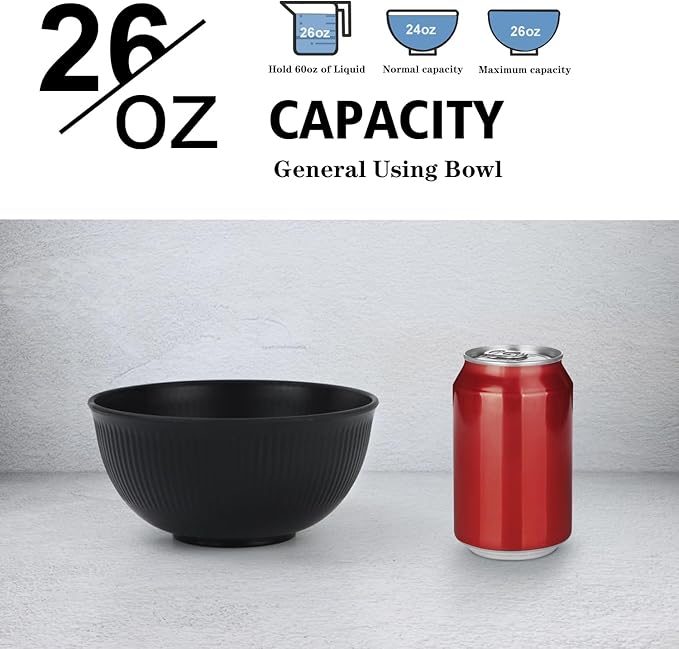 Wrova Wheat Straw Bowl Sets of 8,Unbreakable Cereal Bowl 26 OZ,Microwave and Dishwasher Safe Bowls,Salad Bowl suitable for Cereal,Salad,Snack and Soup. Winter-Pure Black