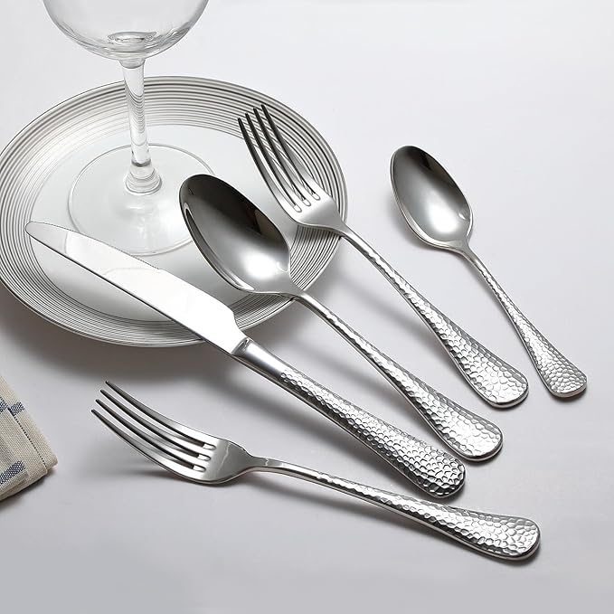 Premium 45 Piece Hammered Silverware Set with Smooth Edge, 18/10 Stainless Steel, Service for 8, Fine Flatware Set, Dishwaser Safe(45)