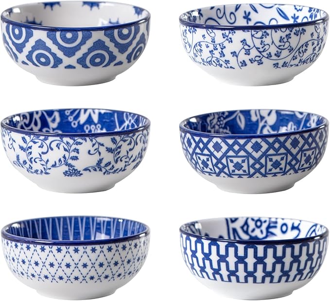 Ceramic Dipping Bowls Set - Mini 2.7 Oz Soy Sauce Dishes - 3 inch Small Side Dishes for Appetizers Charcuterie Sushi Sauce Snack Soy - Pinch Bowls for Kitchen Prep - Set of 6 - Vintage Blue