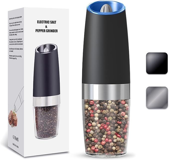 Gravity Electric Salt and Pepper Grinder, Automatic Salt And Pepper Grinder, Adjustable Roughness, Battery Powered, LED Light, 1 Pack, (Black)